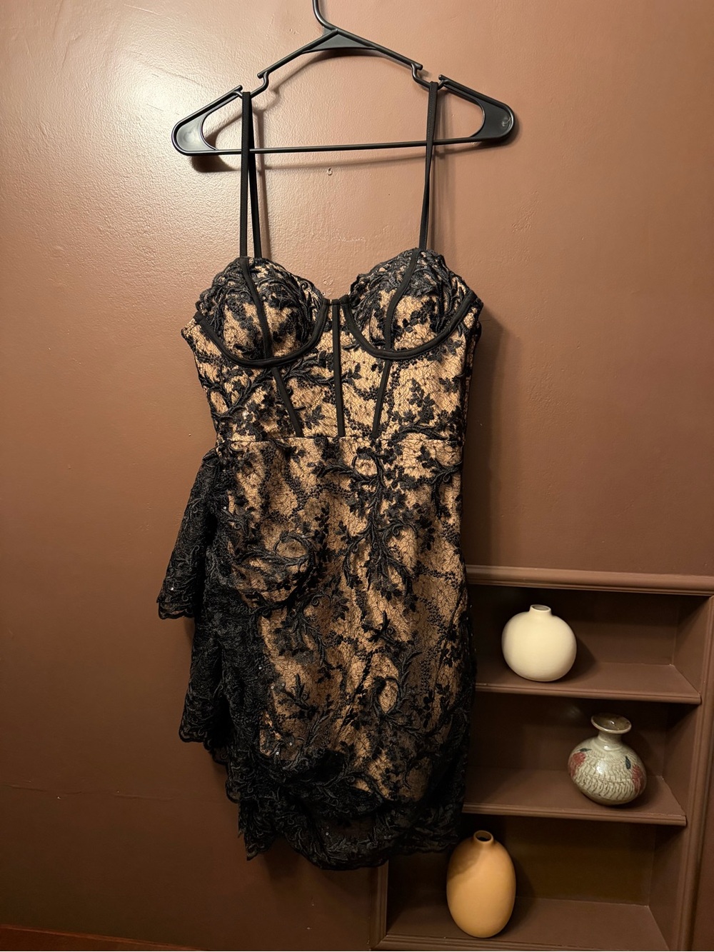 Nude Slip Mini Dress with Black Lace Overlay